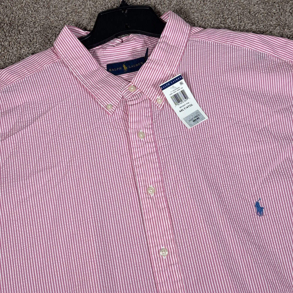 Ralph Lauren Mens 4XLT Pink White Striped Seersucker Short Sleeve Shirt NWT